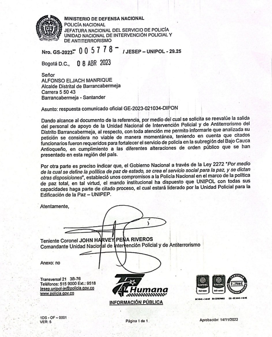 alfonsoeljach's tweet photo. Es increíble que se hayan llevado de Barrancabermeja a la Unipol (50 policías especializados),después de haber luchado por su presencia en aras de reformar la seguridad en el Distrito,este grupo de más policías solo estuvo 5 meses en la ciudad. 
En consejo de seguridad solicité👇 https://t.co/nRd5QeDnbP