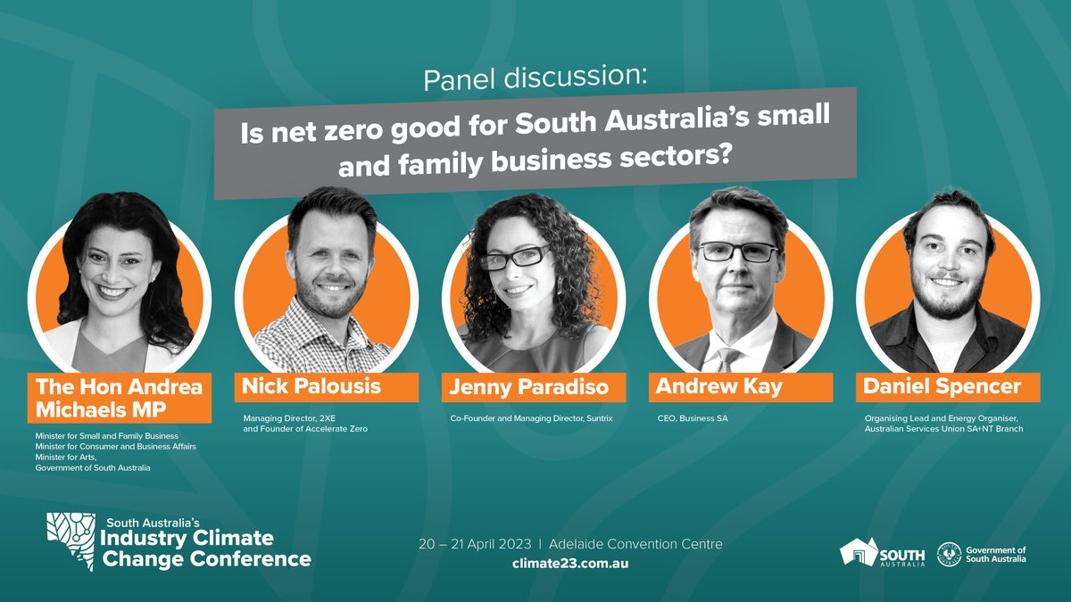 DEM_sagov's tweet photo. 🎉Only 1 week left until the #IndustryClimateChangeConference in #Adelaide! Join us to hear from industry professionals discussing whether #NetZero is good for #SouthAustralia’s small and family business sectors. Plus how to #decarbonise #transport with #EVs. 🌞🌿 See you there! https://t.co/LPW02Au4zP