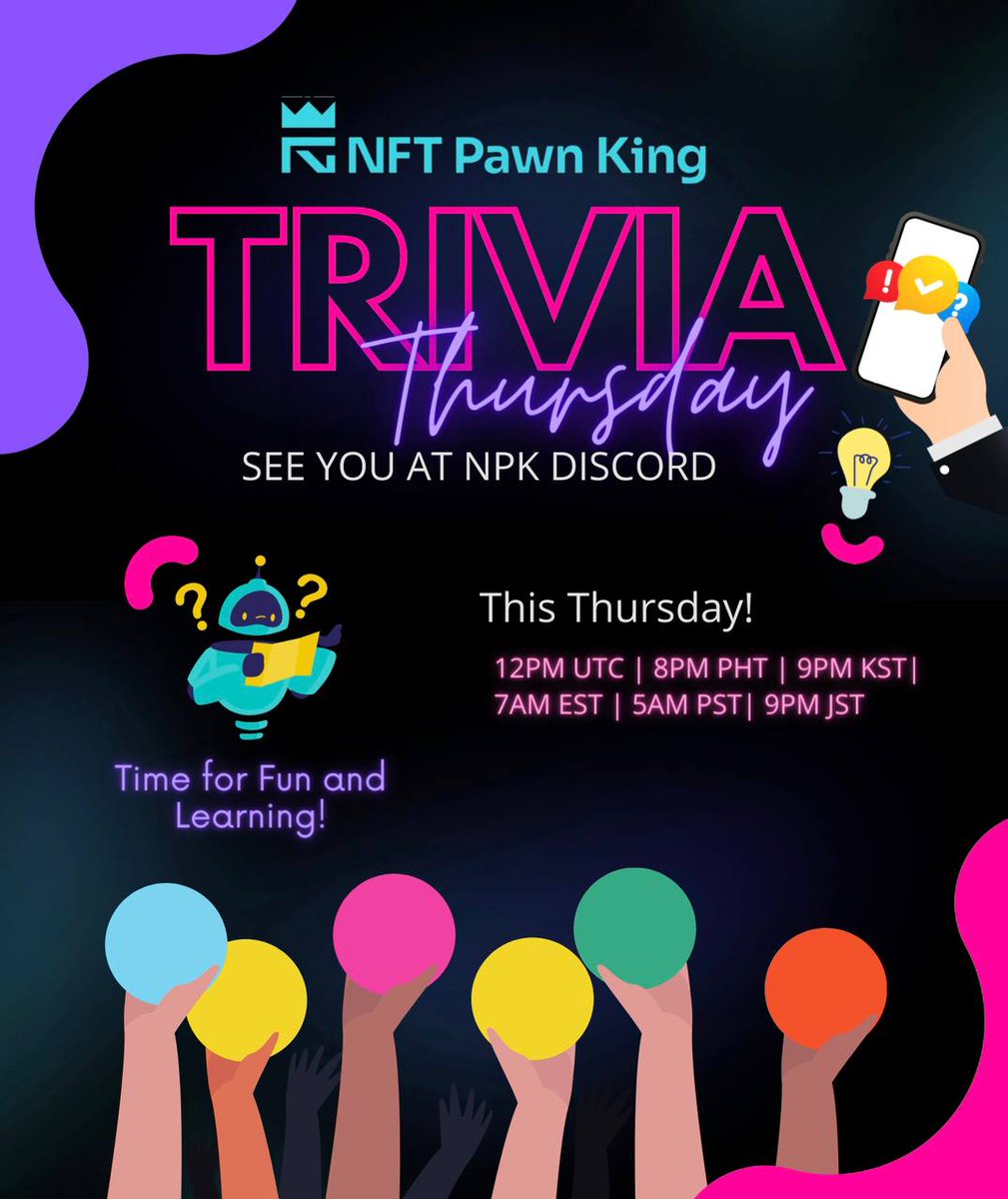 gemmzrobles_11's tweet photo. Hi #NPKFAM โบ๏ธ
@NFTPawnKing Trivia Thursday is back! ๐ฅณ๐ฅณ๐ฅณ
Come and join us on April 13 at 12PM UTC
Join #NPK discord and let's have some fun! ๐๐๐
๐https://t.co/gg0lOuE2kz
๐100K $NPK Prize Pool๐
#NFTPawking #XRP #XRPL
#DiscordGames #NFT https://t.co/rbDiPwK8e5