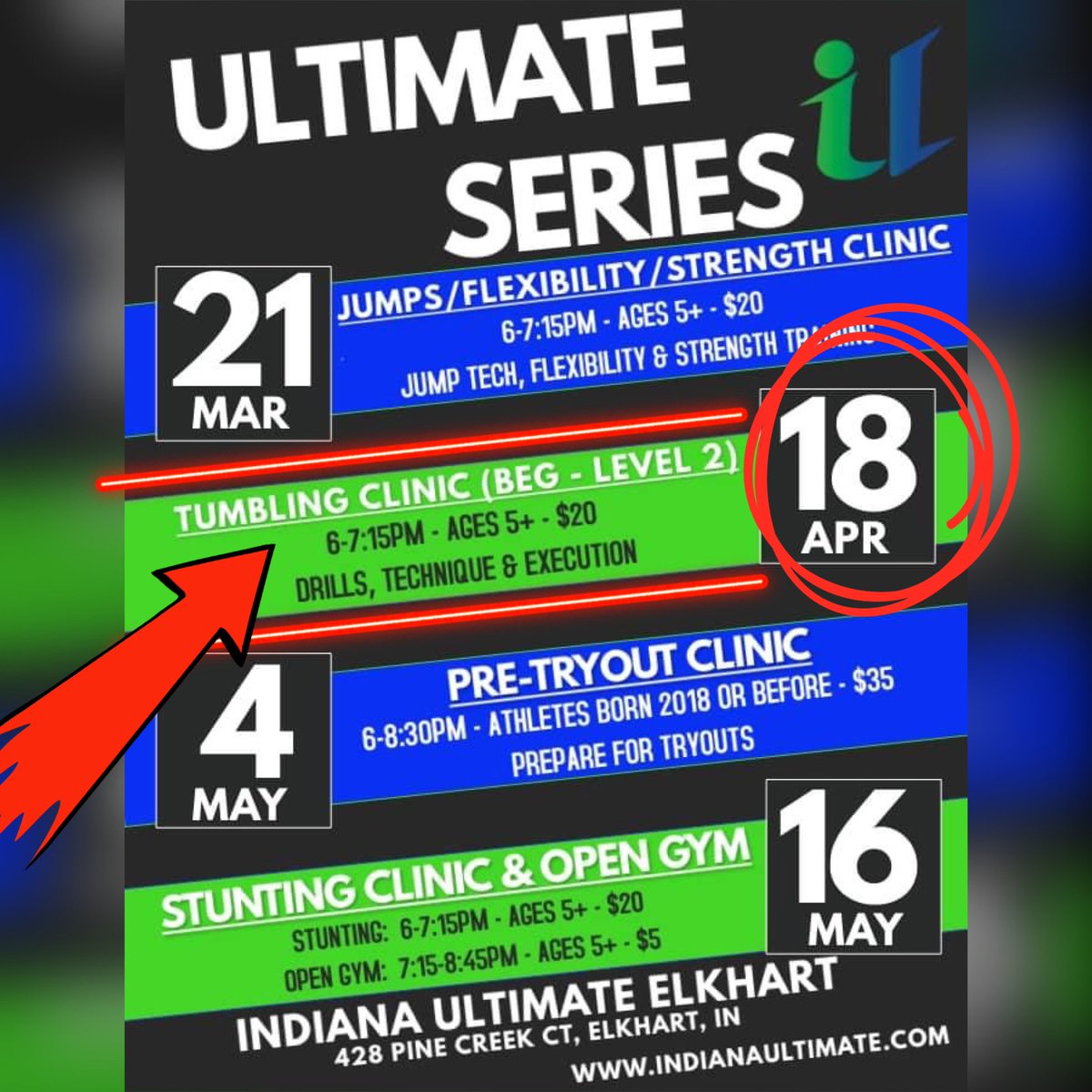 indianaultimate's tweet image. Next up in our 2023 ULTIMATE SERIES at our Elkhart location is our TUMBLING CLINIC!!!

❣️Beginner - Level 2❣️

Registration available here⬇️

app.iclasspro.com/portal/indiana…

#UltimateSeries #tumbling #UltimateLevel