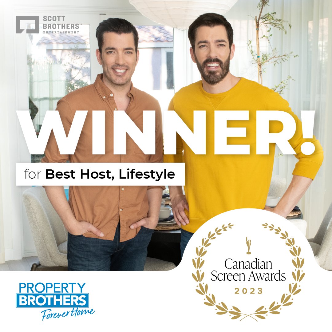sbentertainment's tweet photo. #PropertyBrothers: #ForeverHome just won a 2023 Canadian Screen Award! Huge congrats to @jonathanscott, @mrdrewscott &amp; the entire Scott Brothers Entertainment team and crew. We couldn’t do it without you. Thank you so much to the @thecdnacademy! ❤️ https://t.co/8GQ1lDTc6M