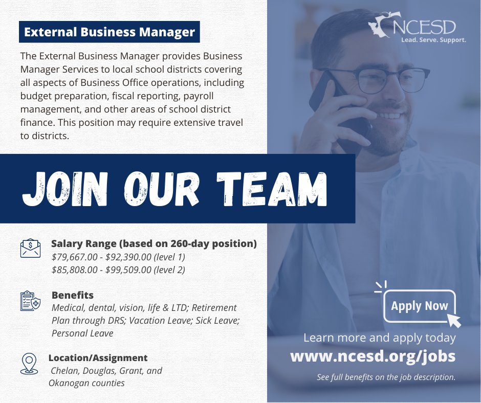 We're #hiring an External Business Manager to provide services to local school districts covering all aspects of Business Office operations.

Learn more at ncesd.org/jobs // For full benefit details refer to the official job posting and visit ncesd.org/employee-benef…