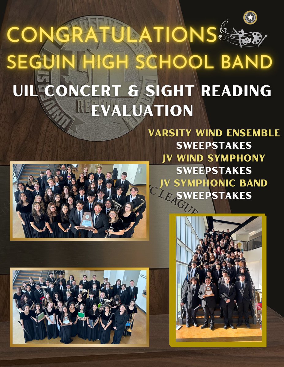 All three Seguin HS concert bands received UIL sweepstakes awards for the third consecutive year! This coupled with our middle school bands makes 7 sweepstakes awards for <a href="/SeguinISD/">Seguin ISD</a> bands this year! This is the 2nd year in a row!

#WeAreSeguin