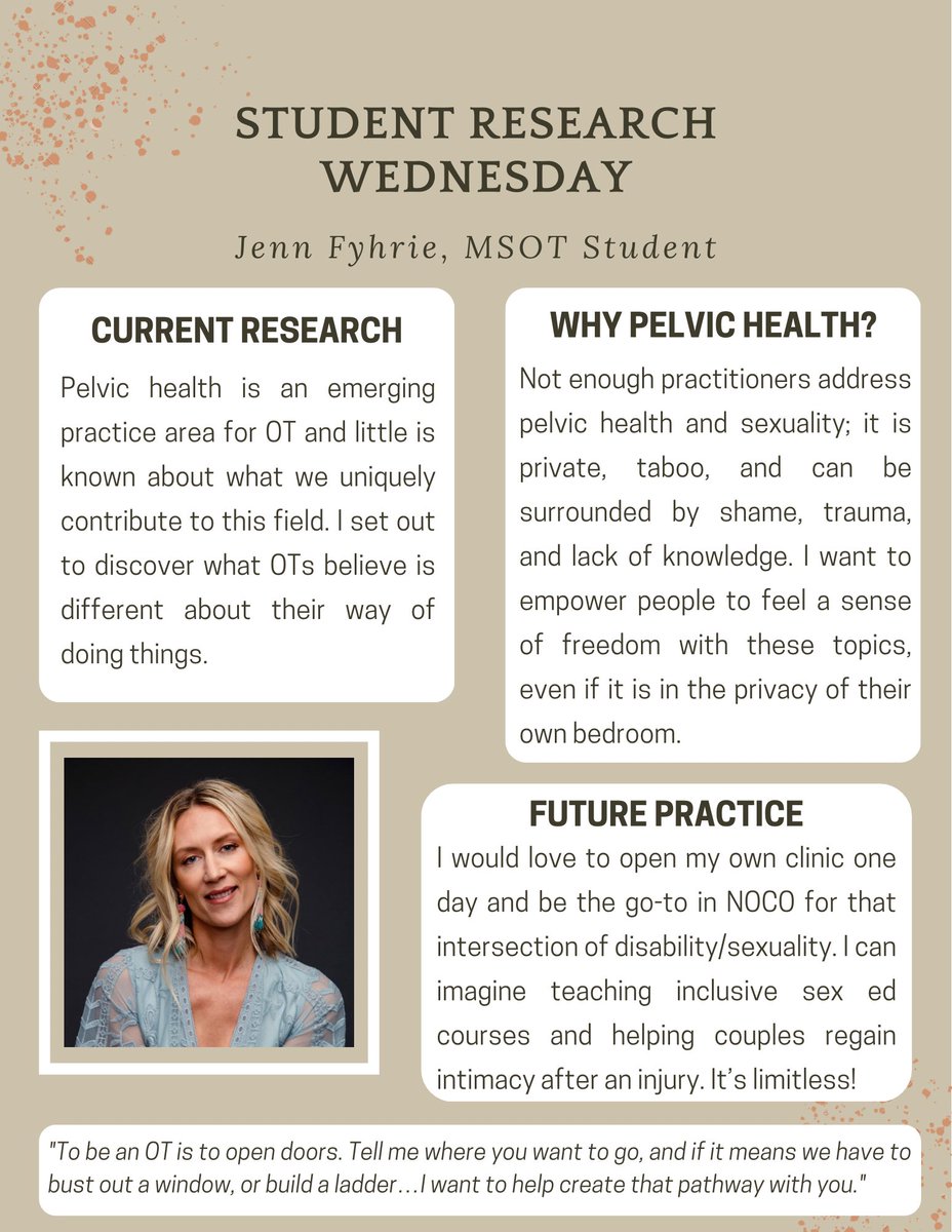 For today’s Student Research Spotlight Wednesday, meet Jenn Fyhrie! Jenn is getting ready to graduate in a month with her MSOT, completing her thesis on the role of OT in pelvic health. While it still has some revisions, Jenn submitted the bulk of it today- send her a congrats!
