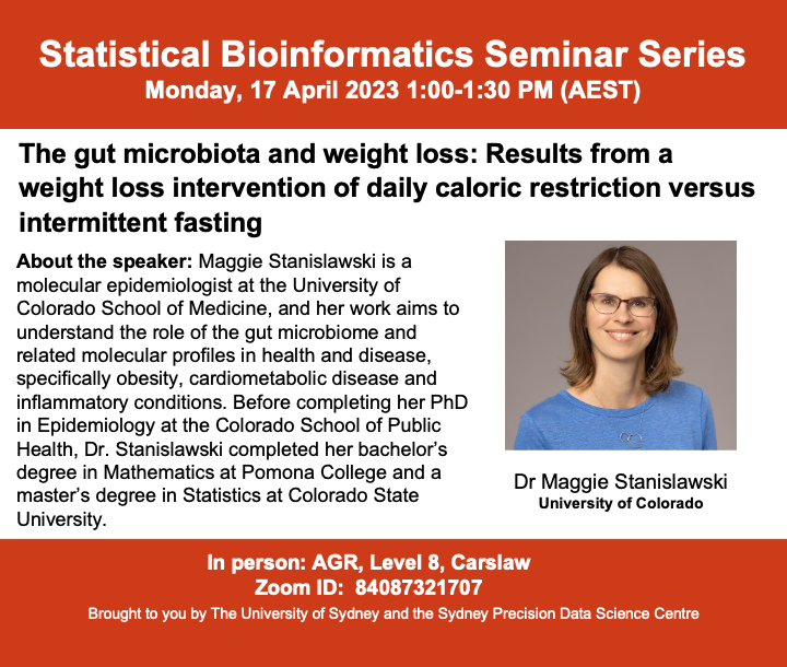 Sydney Precision Data Science Centre (@sydneybioinfo) on Twitter photo Altered gut microbiota has been linked to obesity and may influence weight loss. How do omic profiles respond to a weight loss intervention and how do they relate to weight loss responsiveness?
Join us in person or on Zoom next Monday with <a href="/MagStanislawski/">Maggie Stanislawski</a> to hear more! Altered gut microbiota has been linked to obesity and may influence weight loss. How do omic profiles respond to a weight loss intervention and how do they relate to weight loss responsiveness?
Join us in person or on Zoom next Monday with <a href="/MagStanislawski/">Maggie Stanislawski</a> to hear more!