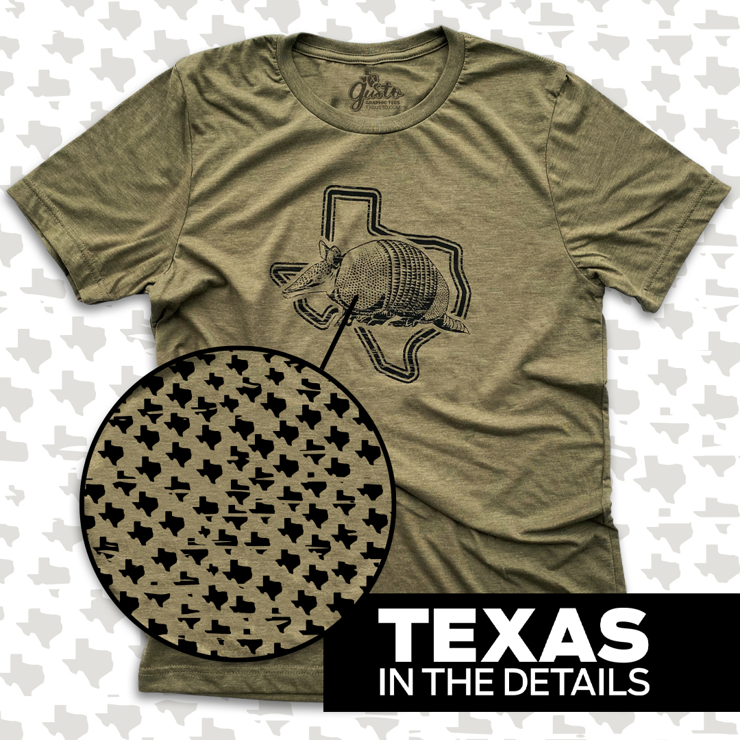 GustoGraphicTee's tweet photo. Texas speed bumps, Texas Turkeys, whatever you wanna call them they are a symbol of Texas and we love'em! This Texas Armadillo tee has lots of tiny Texas shapes in the details! 

#armadillo #dillo #texas #texastshirt #texasproud #austin #austintx  #texasstyle #gustograpictees #te https://t.co/hKDvGwofjL