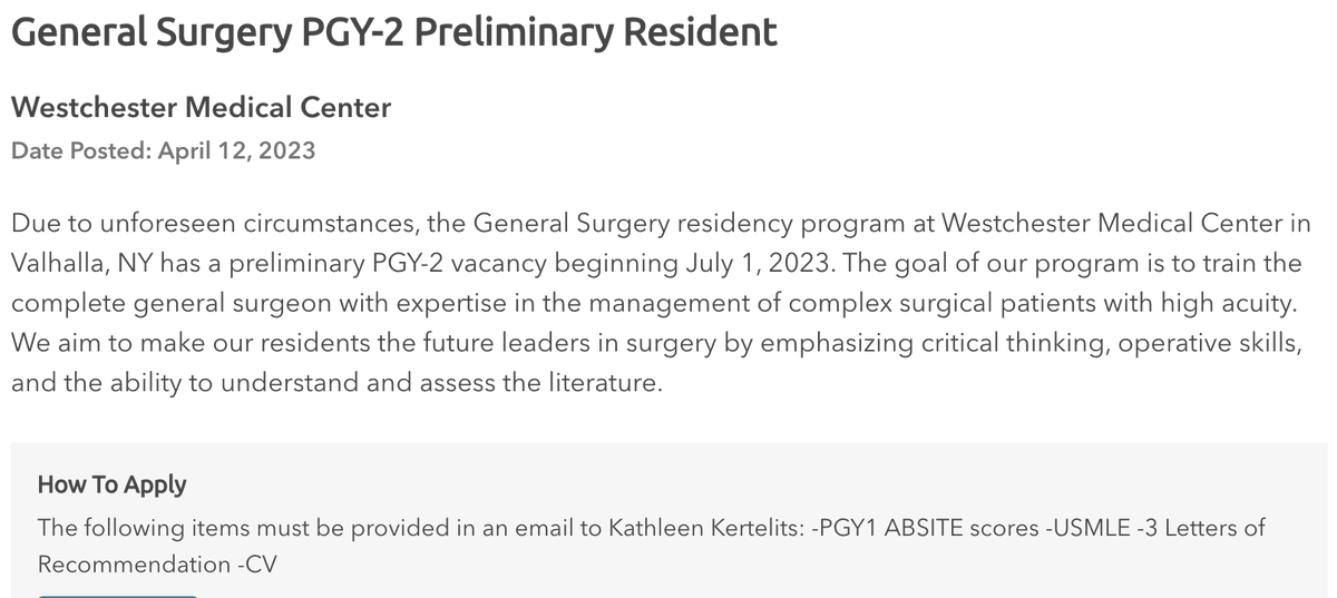 Inside_TheMatch's tweet photo. General Surgery PGY-2 Preliminary Residency Opening
Westchester Medical Center, Valhalla, NY
Posted: April 12, 2023
Start: July 1, 2023
https://t.co/DqxdK9aQIM
#InsideTheMatch https://t.co/czEV5x9w0D