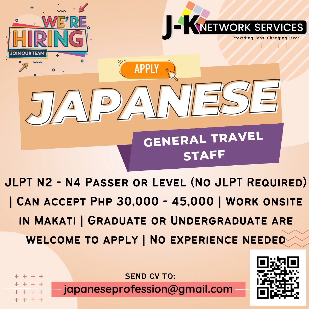 🌟 WE ARE HIRING JAPANESE SPEAKER 🌟

Position: Japanese General Travel Staff
Location: Makati City
Salary: Php 30,000 - 45,000
Schedule: Shifting 

✉️: japaneseprofession@gmail.com
🔗: jknetwork-jobs.com/register

#JKNetworkJobs #hiring #Bilingualjobs #JKNetworkServices #work