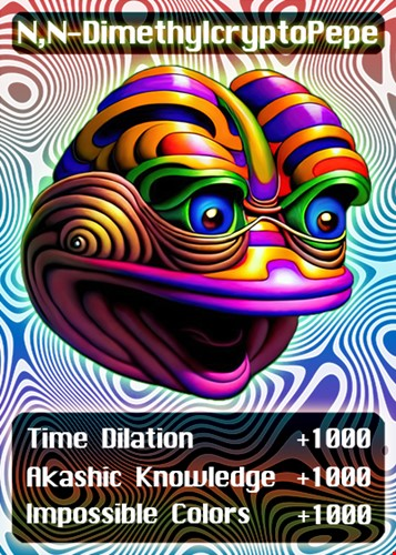 XWAVEart's tweet image. pleased to finally be able to reveal my fake rare:

𝗡,𝗡-𝗗𝗶𝗺𝗲𝘁𝗵𝘆𝗹𝗰𝗿𝘆𝗽𝘁𝗼𝗣𝗲𝗽𝗲
𝙎𝙚𝙧𝙞𝙚𝙨 14, 𝙘𝙖𝙧𝙙 6 - 𝙚𝙙𝙞𝙩𝙞𝙤𝙣 𝙤𝙛 33

Working on drop info, will post soon 
pepe.wtf/asset/NNDMCP
#fakerare #pepe @pepe__wtf