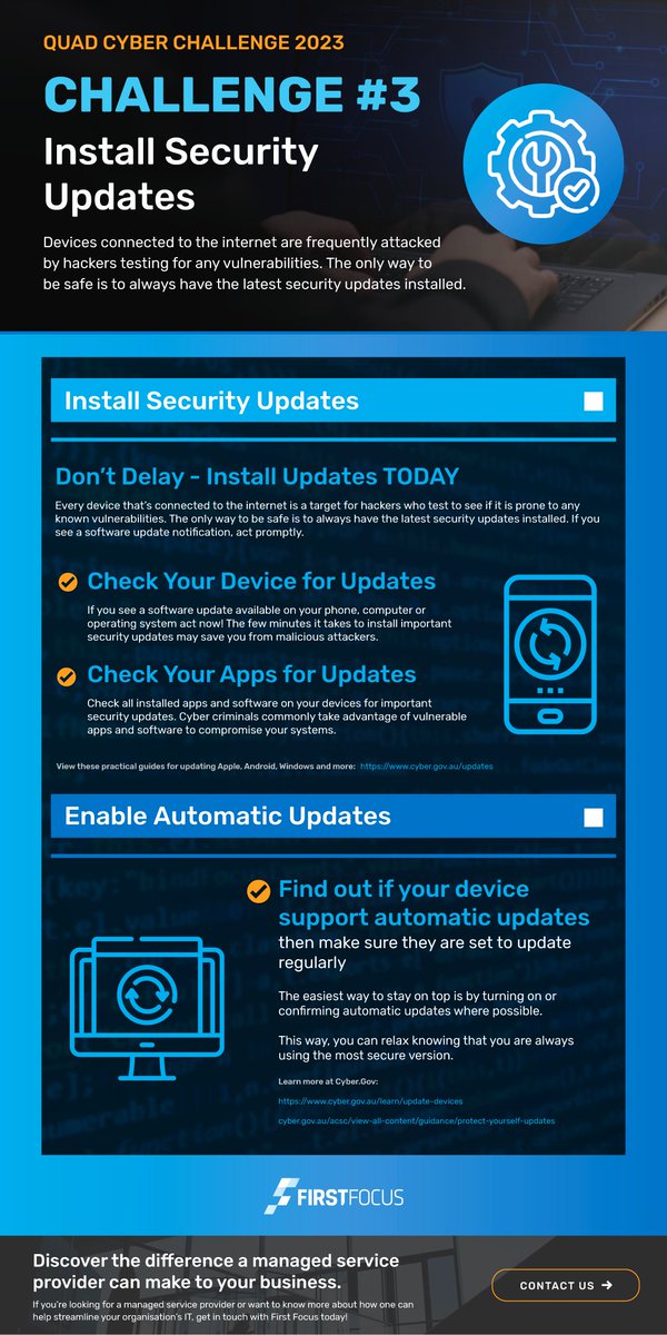 Quad Cyber Challenge Day 3: Install Security Updates
Your internet-facing devices are a common vector for cyberattacks. Take the time today to check for updates on your smartphones, tablets, and PCs. And if possible, enable automatic updates!
#QuadCyberChallenge #QCCDay3