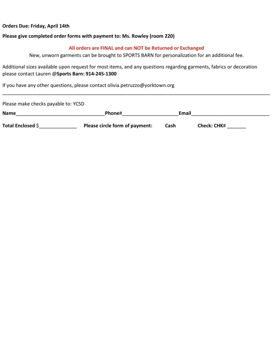 SENIORS: Reminder that senior apparel orders are due this Friday! Forms are available in the folder on the senior board, or you can print these out :)