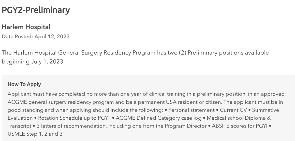 Two PGY2-Preliminary GenSurg Residency Positions
Harlem Hospital
Posted: April 12, 2023
The Harlem Hospital General Surgery Residency Program has two (2) Preliminary positions available beginning July 1, 2023.
apds.org/education-care…
#InsideTheMatch #MedTwitter #Scramble2023