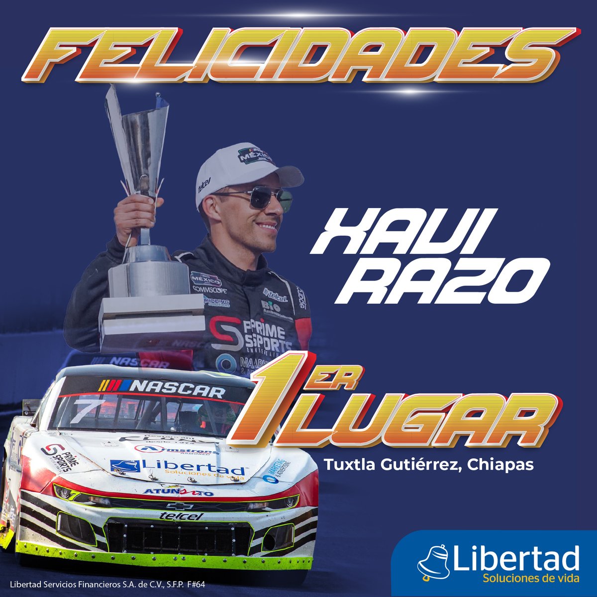 Libertad Soluciones de Vida orgulloso patrocinador oficial de la @NASCARMex 🏆🏁 ¡Muchas felicidades a @XaviRazo, Ganador del Primer Lugar, por tan emocionante carrera! Gran resultado para todo el equipo. 👏🏻👏🏻👏🏻 #LibertadSolucionesdeVida