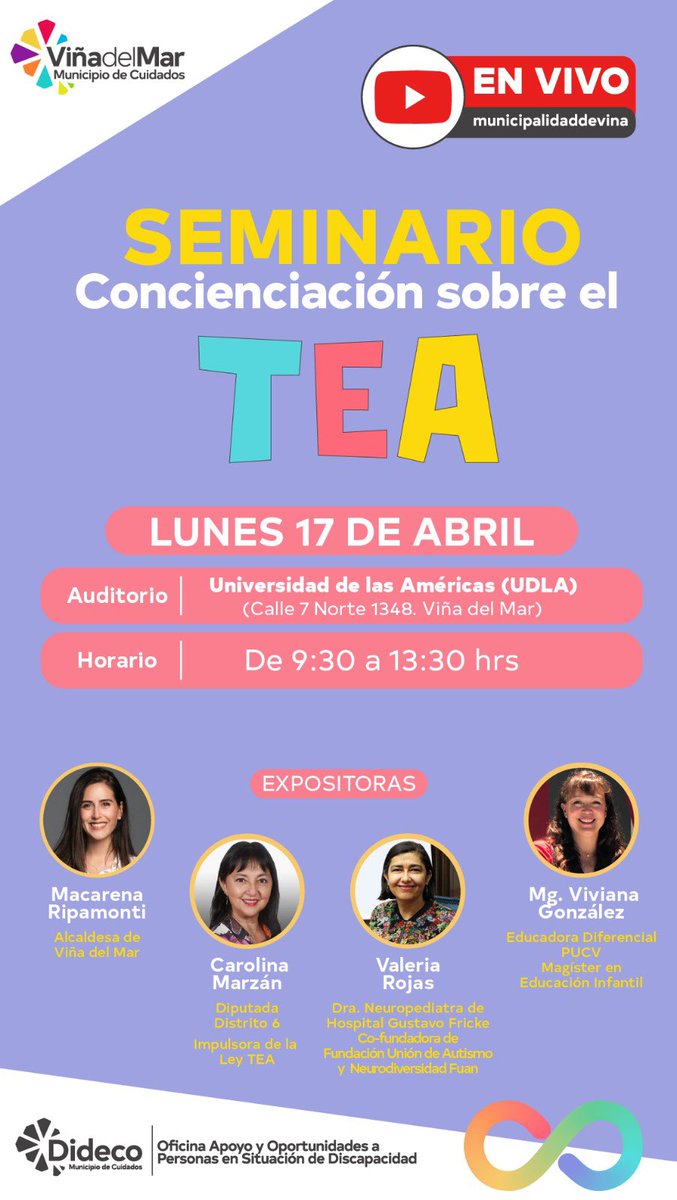 FuanFundacion's tweet photo. “Seminario Concienciación sobre Autismo”. 17 de abril. Lugar: Universidad de las Américas, UDLA, 7 norte 1348, Viña del Mar. 09:30 a 13:30 hrs. Organiza: Oficina de apoyo y oportunidades para personas en situación de discapacidad, Dideco, de @vinadelmar https://t.co/o1ARbzxoKC