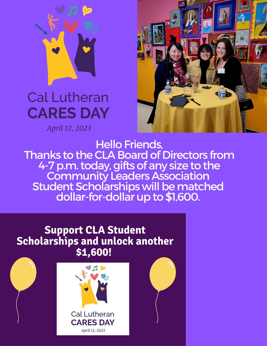 Please support the CLA Board challenge and double your gift for CLA Scholarships by donating now: callutheran.edu/CLAscholarships   #CalLutheranCaresDay