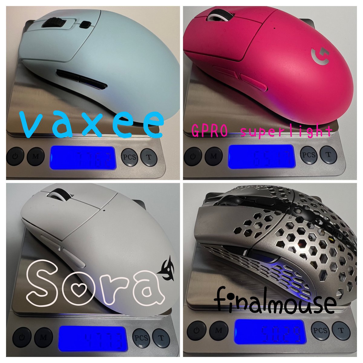 neoferyy's tweet photo. マウスの重さ比較してみた
ご参考までに
sora愛用中、軽くて使いやすい
#ゲーミングマウス
#Logicool
#Gprosuperlight
#ninjutsuo
#finalmouse
#vaxeeXEWireless
@fumoshop https://t.co/BqbLwNWi6R