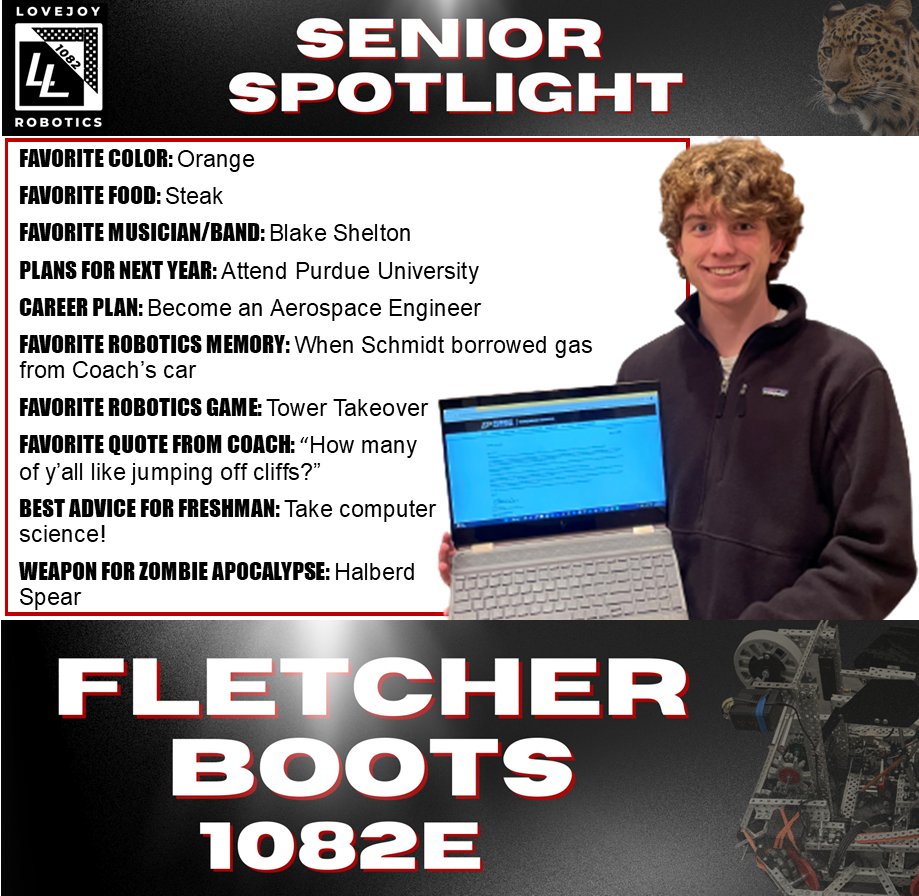 lovejoyrobotics's tweet photo. Over the next few weeks we'll be sharing our #SeniorSpotlight for #LovejoyRobotics - Check out our first senior, Fletcher! He is one of a kind and has been a huge joy to have in robotics for the past 4 years! #1082E #OneHeartOneLovejoy #BestTodayBetterTomorrow #RoboticsExcellence https://t.co/U8StsVtIqa