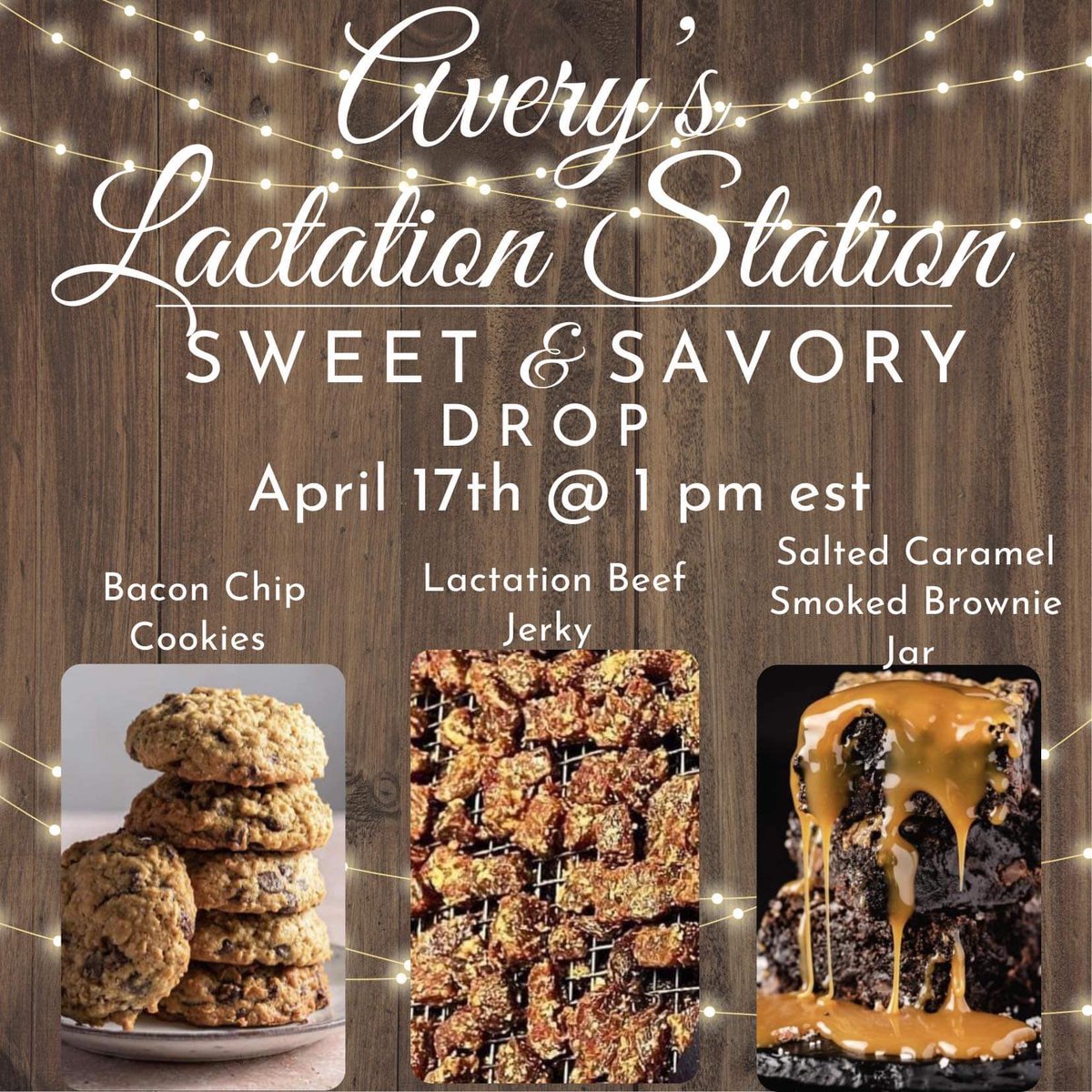 kmae4485's tweet photo. Attention Breastfeeding 🤱🏼 and pumping mamas 

 🤍SWEET &amp; SAVORY DROP🤍
 Monday -April 17th -1pm est 
  #averystreats0417 

🥓BACON CHIP COOKIES

🍯SALTED CARAMEL SMOKED BROWNIE JARS 

🥩LACTATION BEEF JERKY 
⭐Flavors 
•Sweet Teriyaki 
•Smoked Ghost Pepper (🌶️ mild heat) https://t.co/u5ZafCo8ko