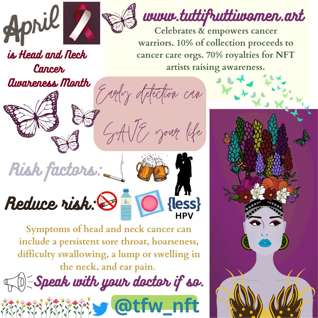 🦋@tfw_nft 🎗️

I'm a firm believer in living your life and having fun enjoying yourself as you so desire. However, I do really care about you. I want to make sure you are staying safe and keeping yourself healthy as best as possible. 

#headandneckCancerAwareness #TFWtalkscancer