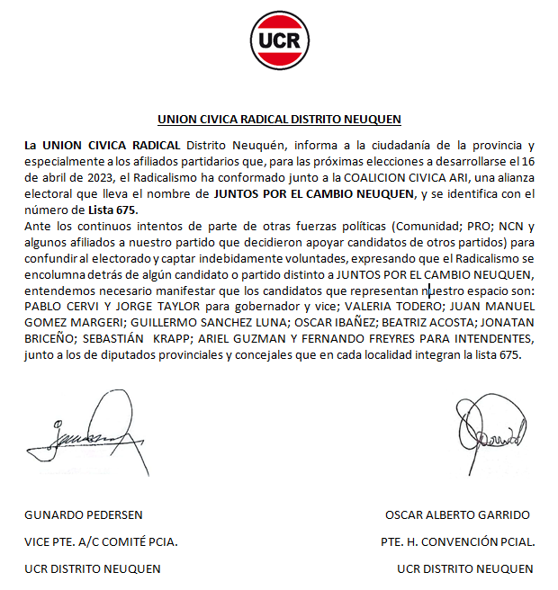 sucentu's tweet photo. SÍRVANSE DIFUNDIR EL SIGUIENTE COMUNICADO
de las Autoridades de la U.C.R. Distrito Neuquén

Muchas gracias. https://t.co/d0NRCIVs6y