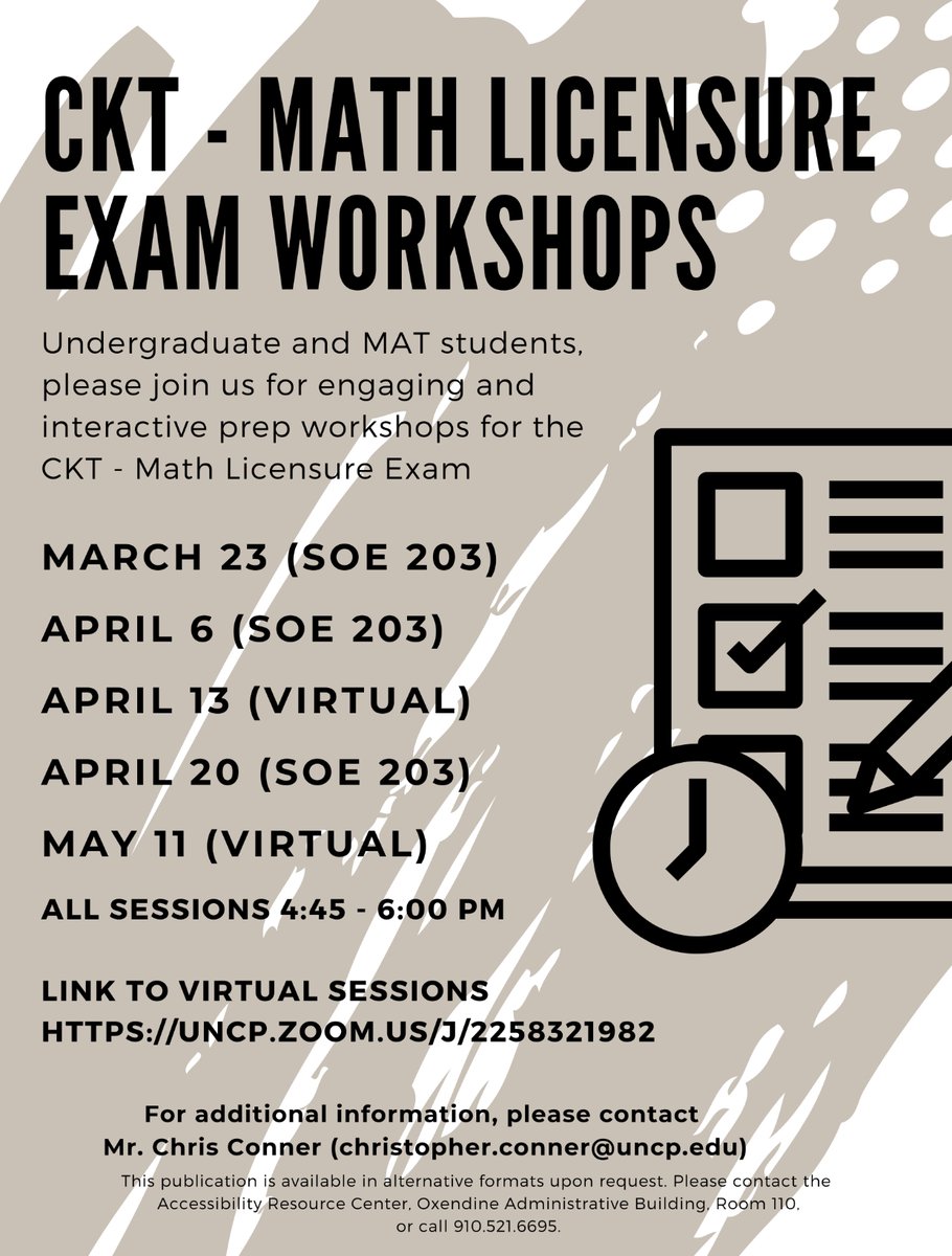 **REMINDER**
The next CKT Math workshop will be held, tomorrow, April 13th from 4:45 until 6:00 pm. This session is virtual and is for current UNCP students, only!

To join: https//uncp.zoom.us/J/2258321982