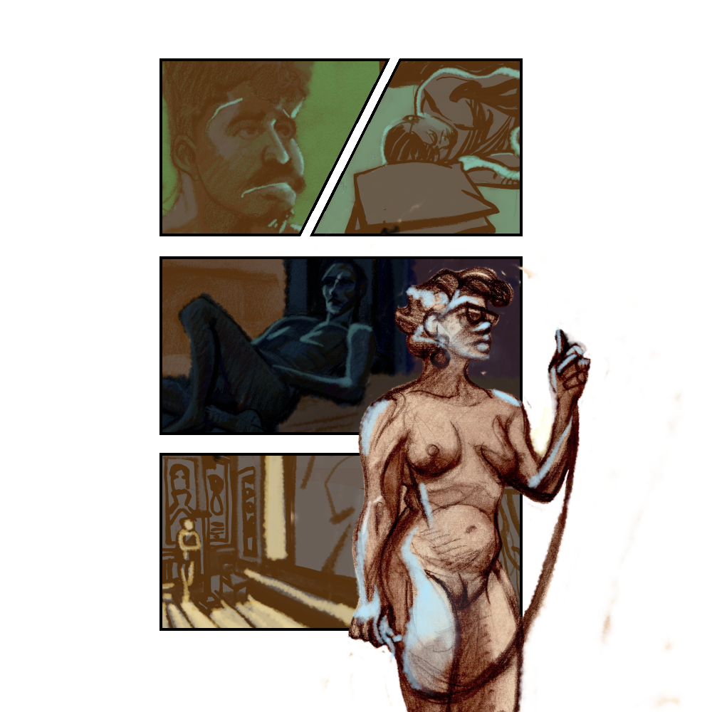 badgetoon's tweet image. An established color, brown drawing 
But thecolor doesn’t unify the page.
It makes you ask why when it breaks from the logic

But what sets up the logic of expectation that a comic page should all be the same?
Is it the figure ?