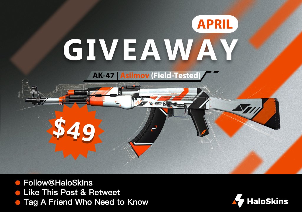 HaloSkins Happy Thursday😍  
CSGO AK-47 | Asiimov (Field-Tested) Giveaway  

How to participate: 
📌 Follow @HaloSkins 
📌 Like This Post & Retweet 
📌 Tag A Friend Who Need to Know  

Giveaway ends in 4 days!  
#CSGOGiveaway #csgoskins #csgofreeskins #CSGO #gaming #Source2 #CS2