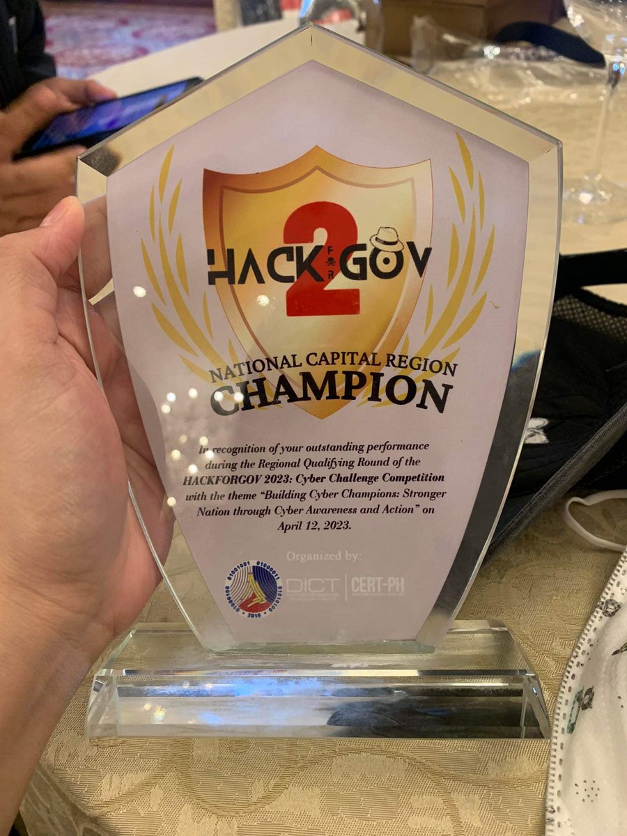 r3nzsec's tweet photo. Been mentoring 3rd yr college students for a while and yesterday, they sent me this picture after being the CTF champion for the regional category #hack4gov sponsored by our local goverment #DICT super proud! 🥹 https://t.co/d4TEmZBgsO