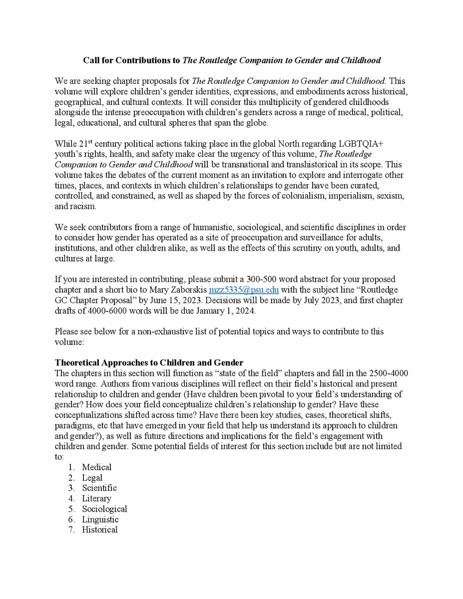 IRSCL_News's tweet photo. CFP: The Routledge Companion to Gender and Childhood
Edited by Mary Zaborskis
Deadline: 15 June 2023

Chapter abstracts of 300-500 words will be due June 15, 2023 to editor at mzz5335@psu.edu

#CFP #IRSCK @routledgebooks https://t.co/W6vqc4Vy1I