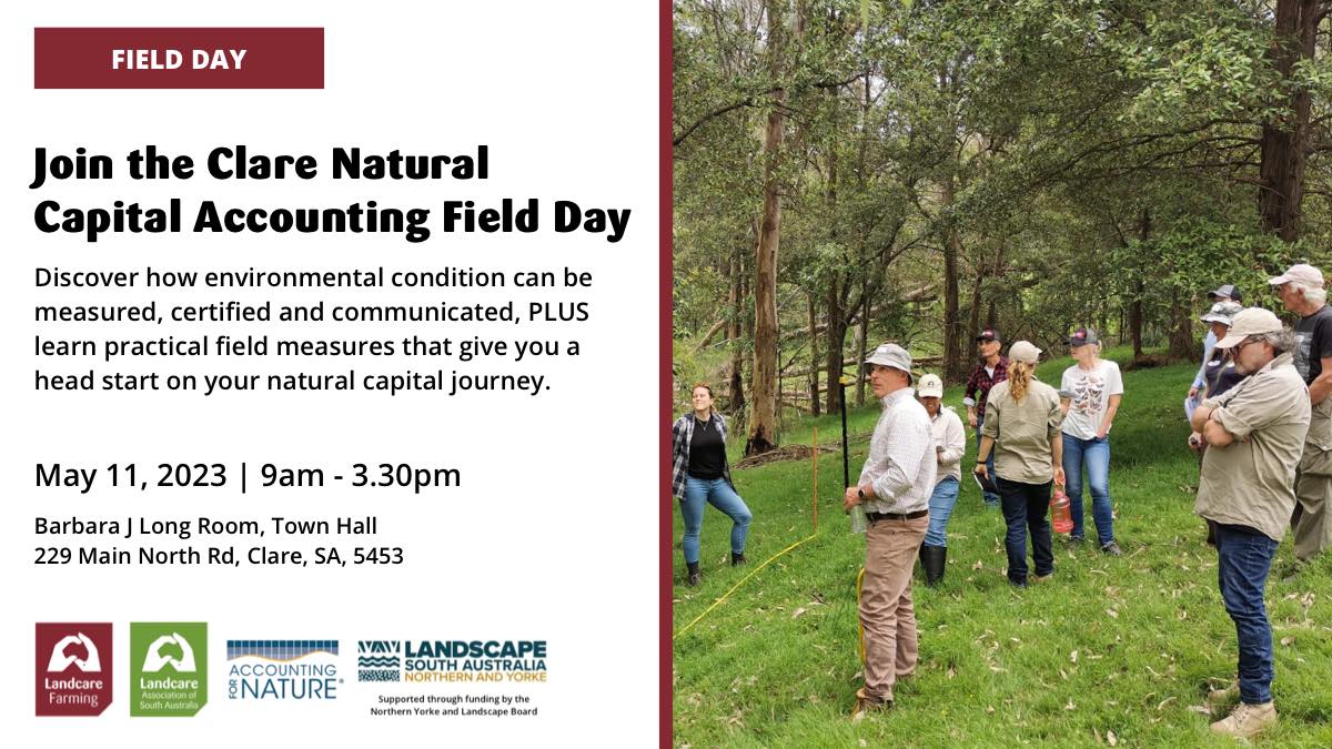 Landcare Association of SA (@landcaresa) on Twitter photo Interested in environmental markets?
With #LandcareFarming, #NYLandscapeSA and <a href="/AccforNature/">Accounting for Nature</a>, we will be hosting a Natural Capital Accounting Field Day in Clare on May 11th from 9am.
Register: eventbrite.com.au/e/natural-capi…
<a href="/LandcareAust/">Landcare Australia</a> <a href="/NetworkLandcare/">National Landcare Network</a> #landcareSA Interested in environmental markets?
With #LandcareFarming, #NYLandscapeSA and <a href="/AccforNature/">Accounting for Nature</a>, we will be hosting a Natural Capital Accounting Field Day in Clare on May 11th from 9am.
Register: eventbrite.com.au/e/natural-capi…
<a href="/LandcareAust/">Landcare Australia</a> <a href="/NetworkLandcare/">National Landcare Network</a> #landcareSA