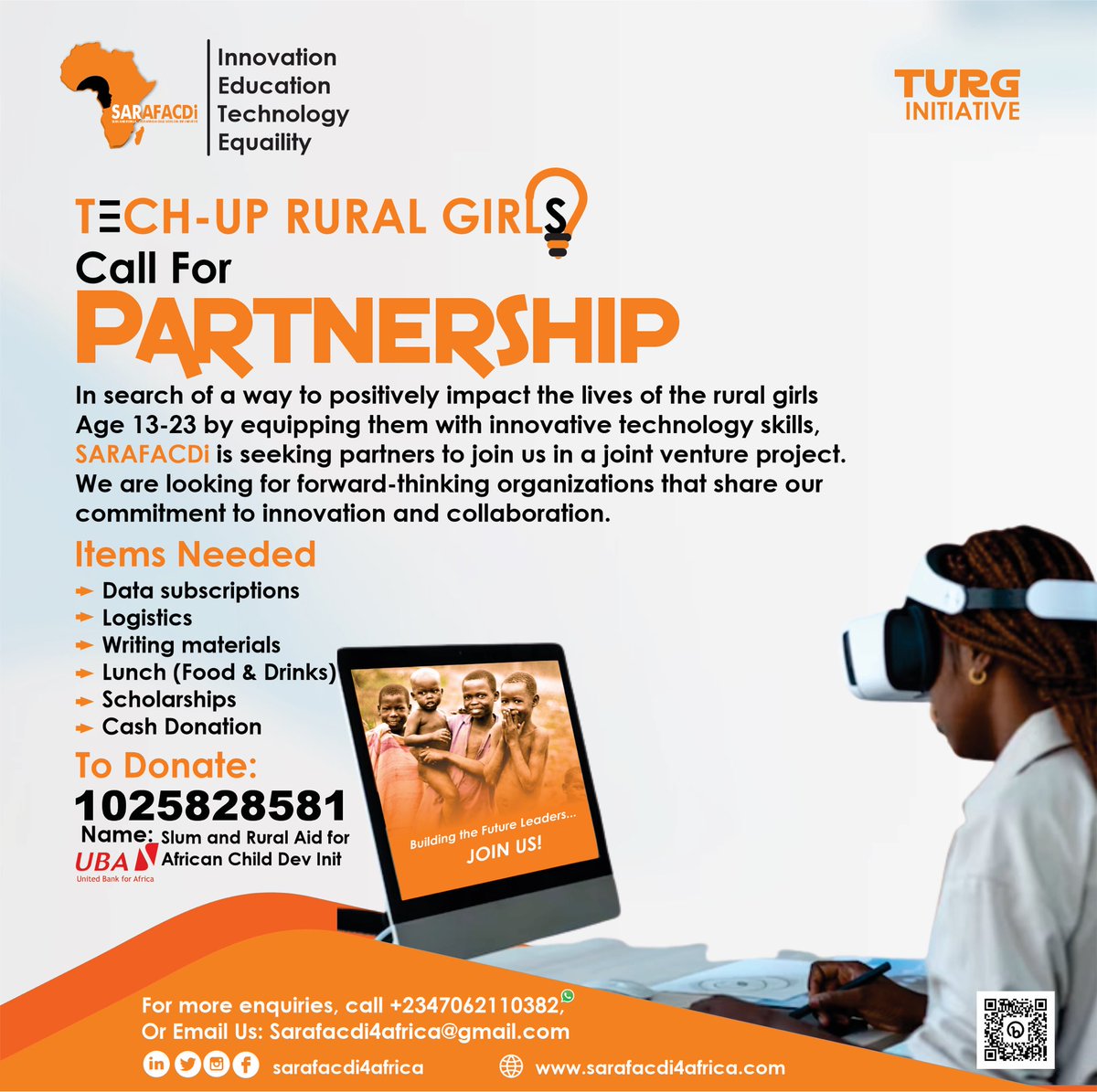 Sarafacdi's tweet photo. CALL FOR PARTNERS
SARAFACDi is seeking partners to join us in a joint innovative project. We are looking for forward-thinking organizations that share our commitment to innovation and collaboration.
#TURG @wttj_tech @womenintech_hub @idixcover @SCActionNetwork @techupekiti https://t.co/xR715apF6h