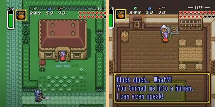GameChroniclesX's tweet photo. At the house with the mailbox in Kakariko Village, you can transform the chicken into a human by sprinkling magic powder onto it. (Image credit: The Gamer) https://t.co/waxrh1QXcH