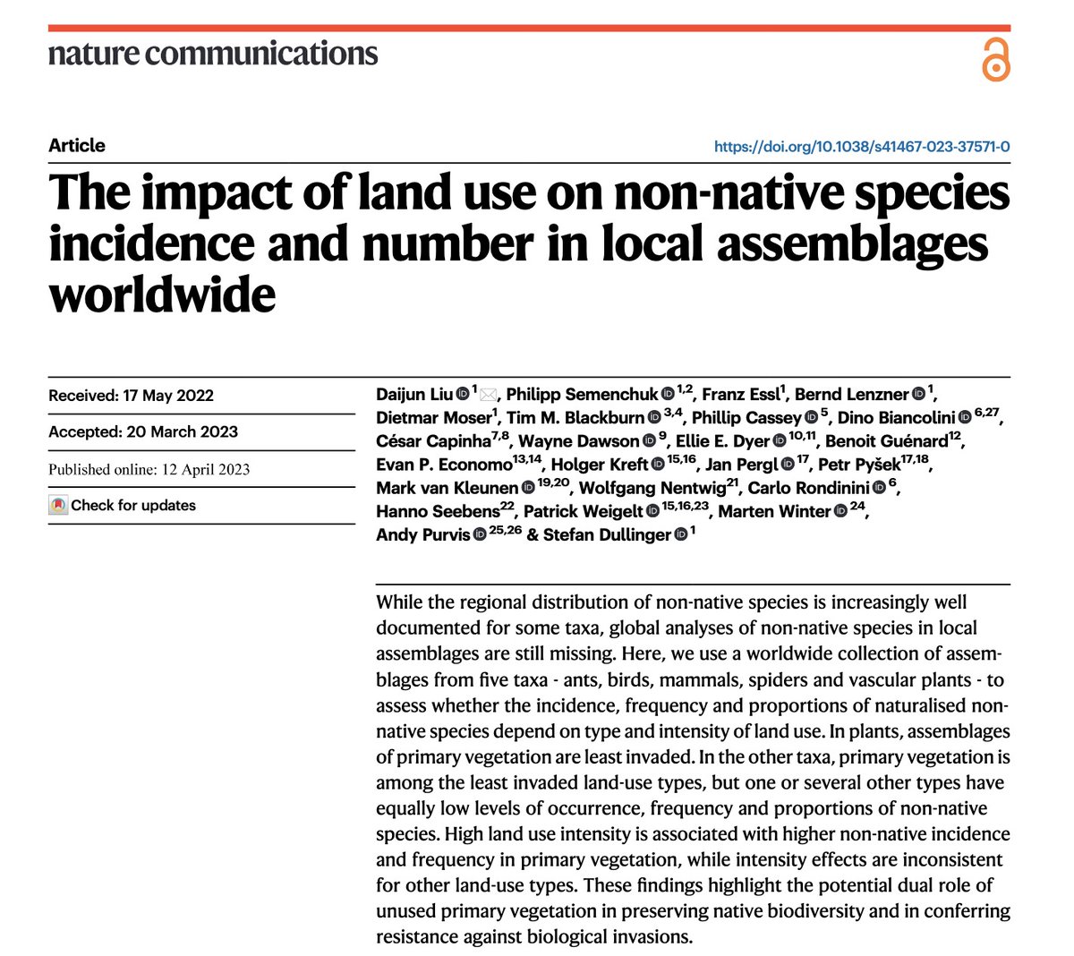 daijunliu's tweet photo. Our latest paper on NC @NatureComms  is out:   Thanks for all of co-authors. @FranzEssl1, @Bernd_le_ , @TimBlackburn66,@WayneDawsonEco, @sMarten_Winter, @AndyPurvisNHM, @HannoSeebens ,@JanPergl , @BioGeoKreft,@Ellie_E_Dyer ,@carlo_rondinini,@Weigelt_P https://t.co/2rzoPj0tDH