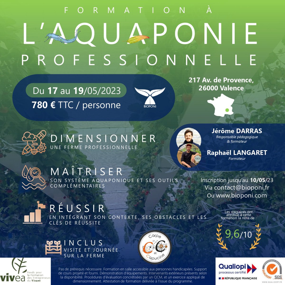 BiOPONi_fr's tweet photo. 🐟 🌿 Vous souhaitez vous former à  l'aquaponie professionnelle ? Inscrivez-vous dès maintenant à notre  formation du mercredi 17 au vendredi 19 mai dans la Drôme ! (contact@bioponi.fr)
Deux jours à Valence, et une journée avec visite de la ferme commerciale Carpe et Capucine🍓 https://t.co/kjUj37OQQ2
