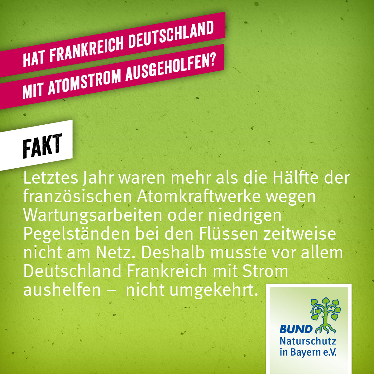 bundnaturschutz's tweet photo. Hat Frankreich Deutschland mit Atomstrom ausgeholfen?
Letztes Jahr waren mehr als die Hälfte der französischen Atomkraftwerke zeitweise nicht am Netz. Deshalb musste vor allem Deutschland Frankreich mit Strom aushelfen – nicht umgekehrt.
#Stromexport
3/6 https://t.co/a12d1beTqu