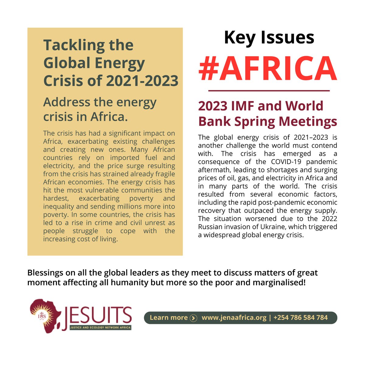 JENA_Africa's tweet photo. Blessings to all global leaders meeting to discuss matters of great moment affecting humanity, more so the poor &amp; the marginalized.  
Read more at;https://t.co/q1rxMLcFKu
Contacts us at;+254 786 584 784  
#WorldBank #IMF #IMFMeetings #Worldbankspringmeeting #IMFSpringMeeting #WEO https://t.co/J9FQswgkCv
