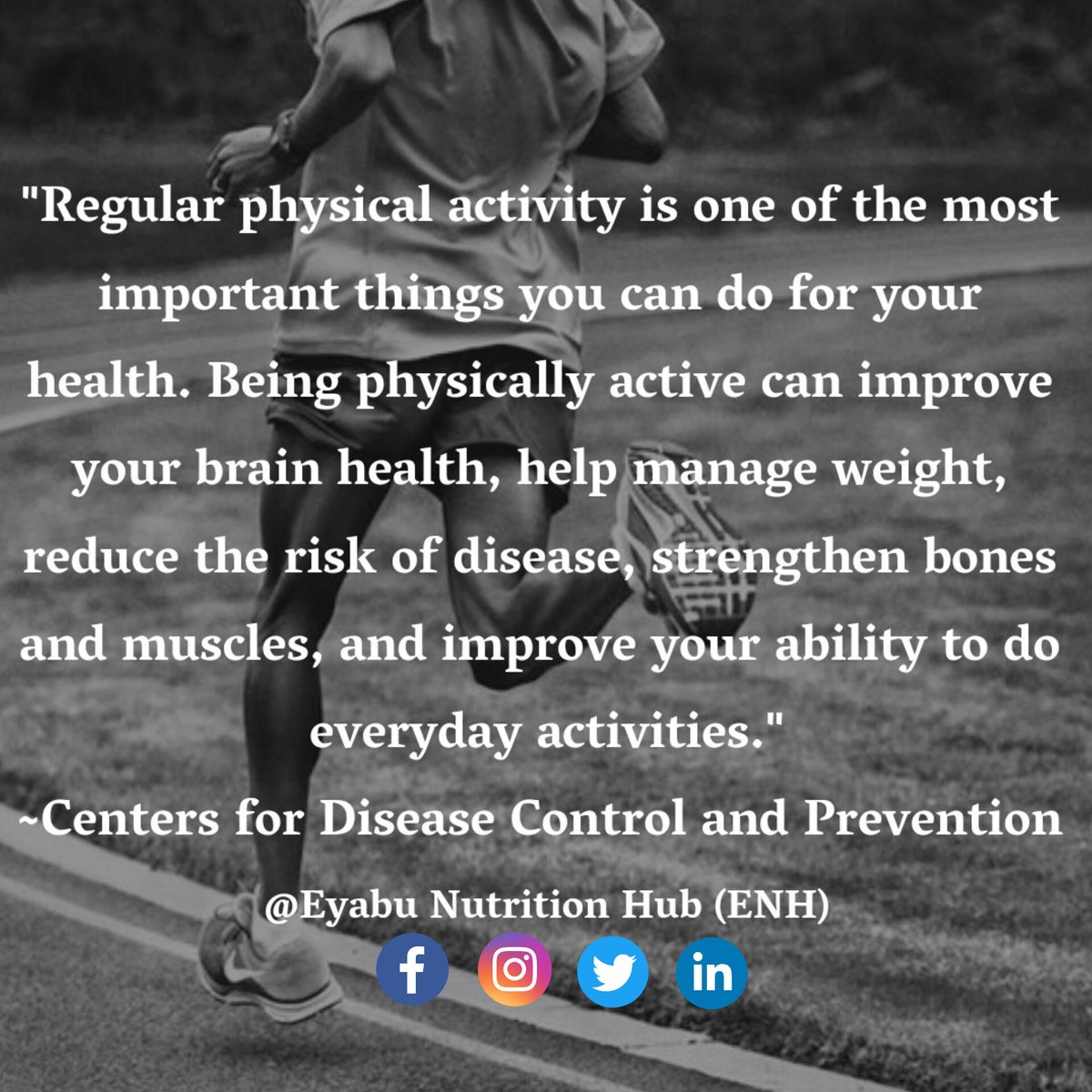 Exercise has health benefits for everyone; age, ability, ethnicity, body shape, or size do no matter.

~Eyabu Nutrition Hub (ENH)
~ENH Wellness UG

#DailyNuggetsFromENH #exercisetherapy