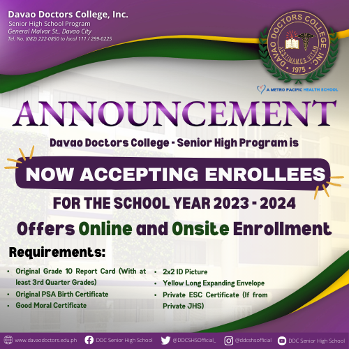 DDCHigh's tweet photo. ANNOUNCEMENT || SHS ENROLLMENT S.Y. 2023-2024  We are glad to announce that Davao Doctors College - Senior High School Program is NOW ACCEPTING ENROLLMENTS.  #DDCSeniorHighSchool #AestimamusVitam #WeValueLife https://t.co/3JGhnxM95g