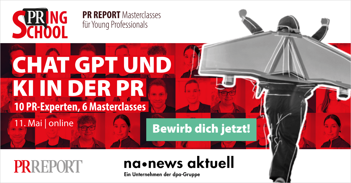 Young Pros aufgepasst! Am 11. Mai 2023 findet die PR Report Spring School statt. 10 PR-Profis zeigen dir, wie moderne Kommunikationsarbeit funktioniert und wie KI und Chat GPT die Kommunikation verändern.

Jetzt bewerben ➡️ prspringschool.de

#PR #PRReport #SpringSchool