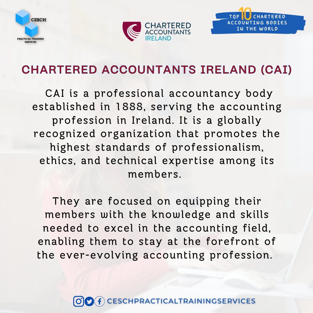 CESCHPTServices's tweet photo. Top 10 Chartered Accounting Bodies in The World.

No.8: CAI

Chartered Accountants Ireland (CAI), the leading professional accounting body in Ireland has a reputation for training skilled accountants with a value for excellence, integrity, and professionalism.

#CAI 
#CESCH https://t.co/OWn527bTwO