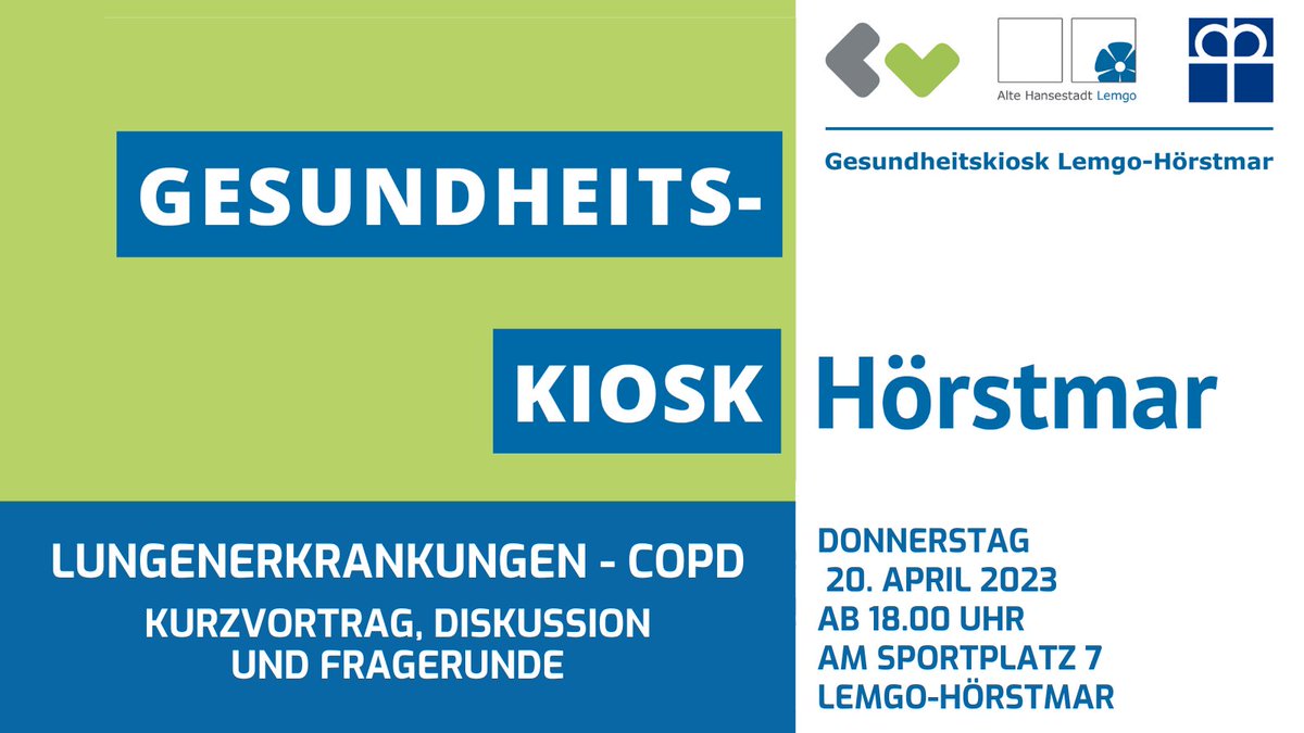 Der #Gesundheitskiosk #Hörstmar lädt ein zum Themenabend "#Lungenerkrankungen - Schwerpunkt #COPD": klinikum-lippe.de/veranstaltung/…. #GKH #gesundheitskiosk #lungelemgo