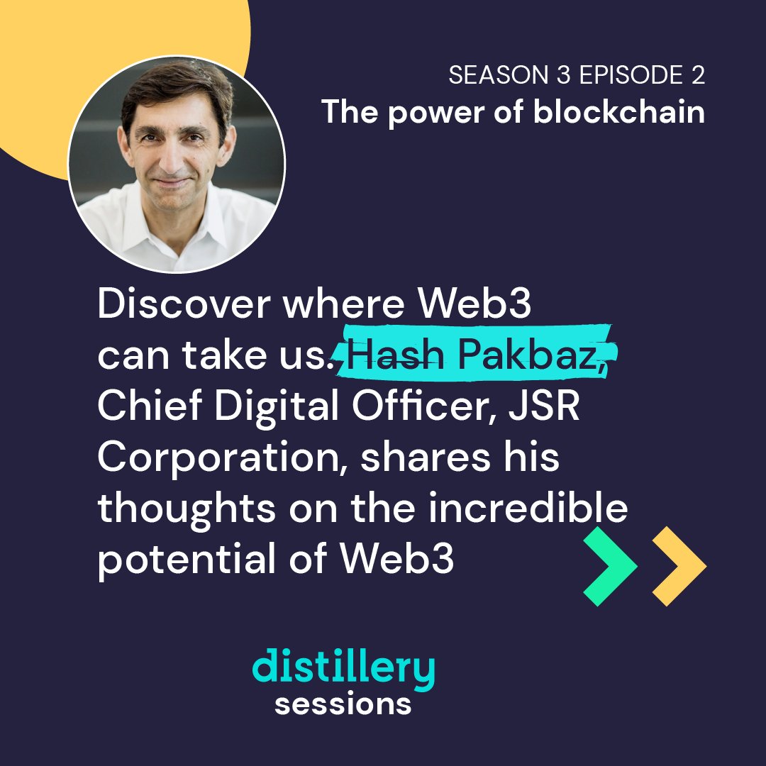 wearedistillery's tweet photo. Discover where Web 3 can take us. Hash Pakbaz, Chief Digital Officer, JSR Corporation, shares his thoughts on the incredible potential of Web 3.
Listen here: https://t.co/6HUfOVD5P9
#wearedistillery #distillerysessions #podcast #blockchain #web3 https://t.co/6oMf4nyAip