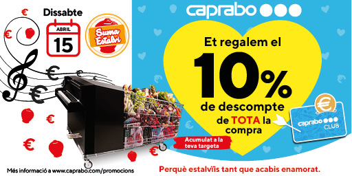 caprabo's tweet photo. Aquest dissabte 15 d'abril et regalem el 10% de la teva compra acumulat a la targeta #ClubCaprabo! Enamora't del nostre SuperEstalvi! 😍 https://t.co/RnMcpGaTi3