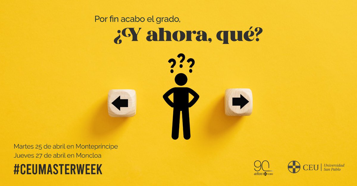 USPCEU's tweet photo. Del 25 al 28 de abril celebramos la #MasterWeek en Montepríncipe y Moncloa. Un evento que servirá para orientar a los alumnos sobre las posibilidades una vez finalizada su carrera.
¡Sin duda, una oportunidad de conocer nuevas opciones de futuro!
https://t.co/4RrBry0jpM https://t.co/hxIcNI9vp7