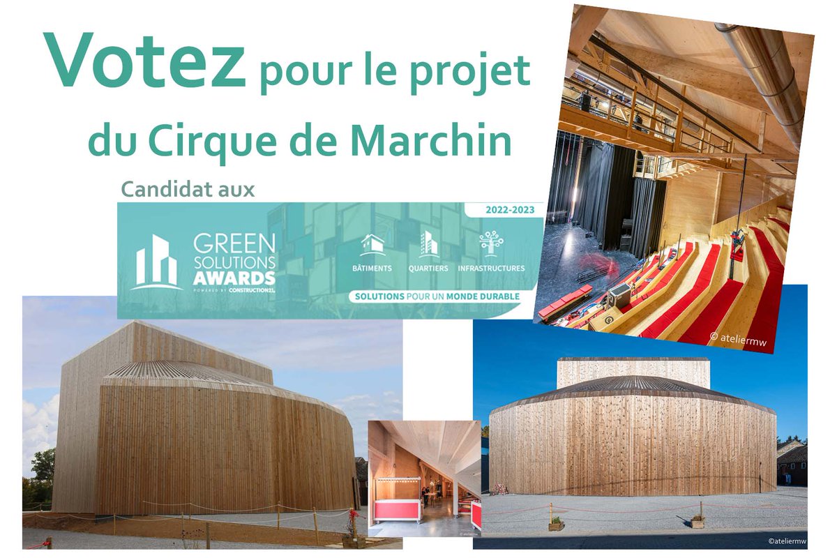 L'Atelier d'Architecture Meunier-Westrade srl et Stabilame Construction en bois sont candidats avec Le Cirque de Latitude 50 aux Green Solutions Awards.
Vous pouvez voter ici 📷 bit.ly/3UMM6m5