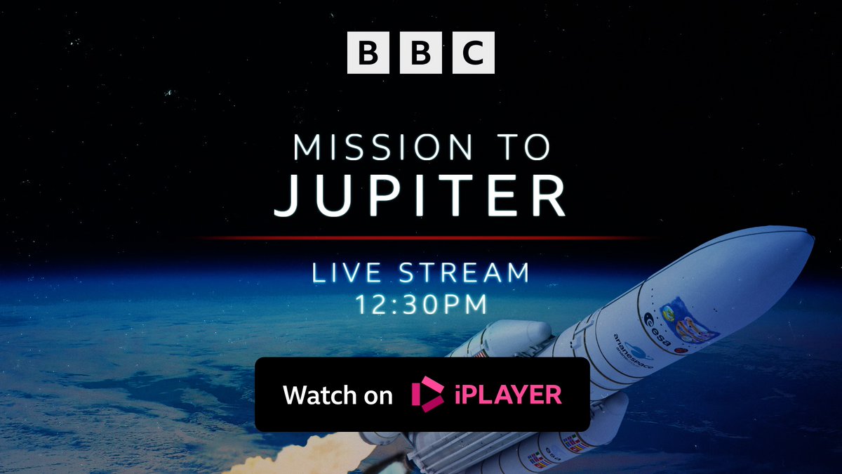 Join us @bbcnews this lunchtime for a dedicated live stream on @esa Jupiter mission launch. The 🚀 goes ⬆️ at 13:15BST 📺