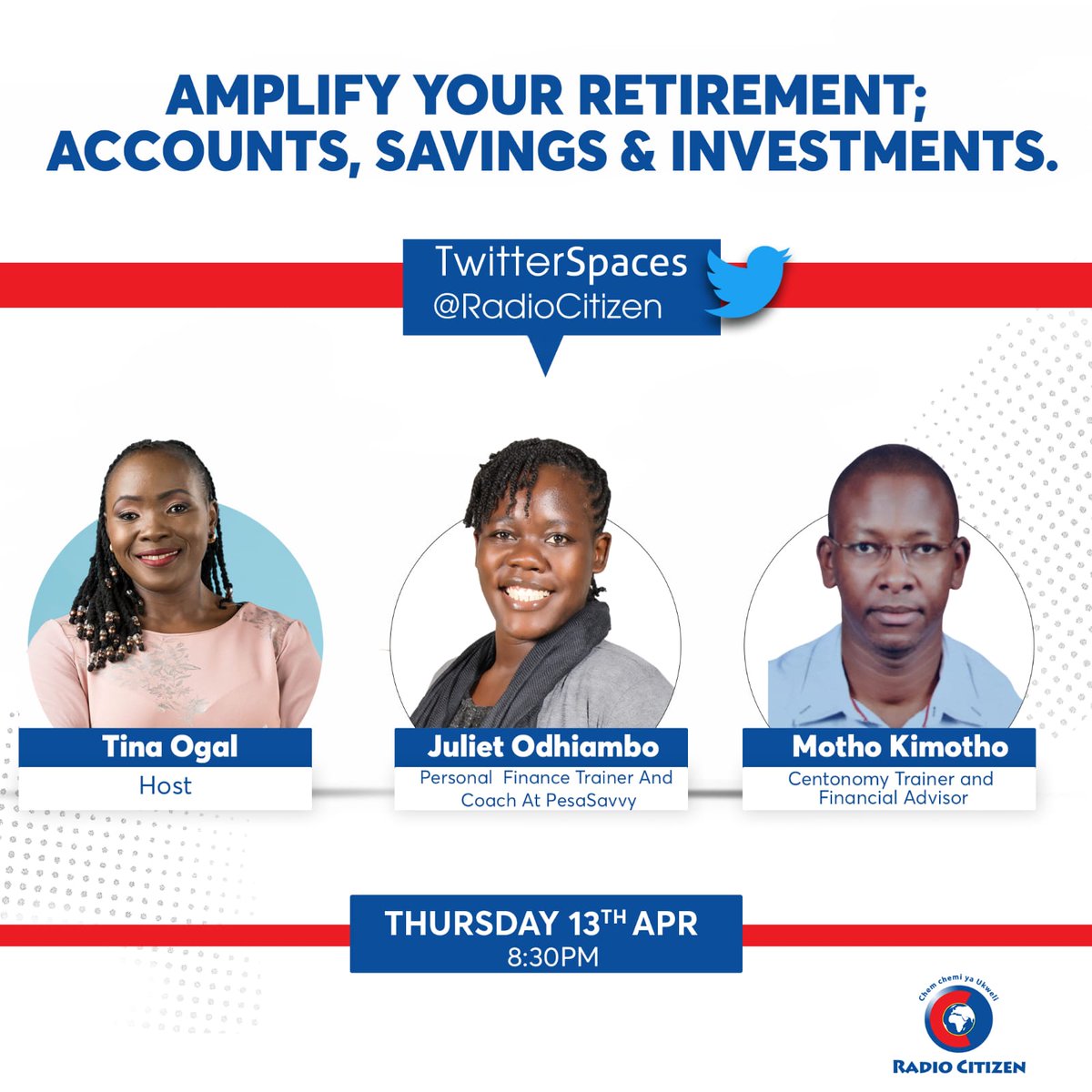 Centonomy's tweet image. Have started planning for retirement?

Join this twitter space hosted  by @RadioCitizenFM tonight at 8.30 pm to get insights on how to plan for retirement. 

#radiocitizen #centonomy #TwitterSpaces