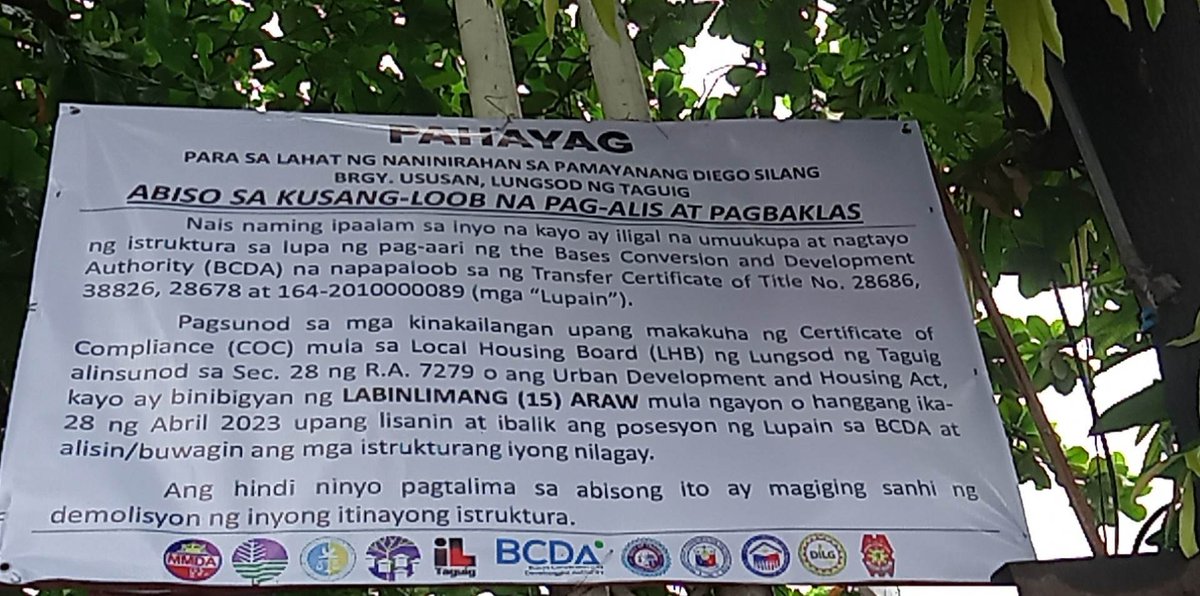 KarapatanNCR's tweet photo. ALERT!

Naglagay muli ang Bases Conversion and Development Authority (BCDA) ng pahayag ng kusang loob na pag-alis at pagbaklas sa Maysapang, Taguig City. Binibigyan lamang ng BCDA ng labinlimang araw (15) ang mga residente ng Maysapang upang lisanin ang kanilang mga kabahayan. https://t.co/bNkJ6VCKr8