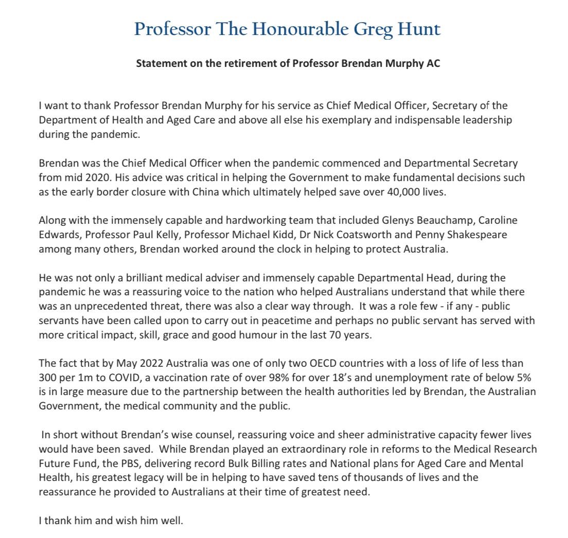 My statement on the retirement of Professor Brendan Murphy AC