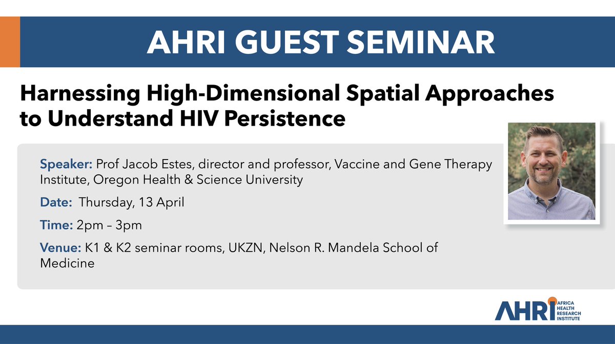 Africa Health Research Institute (@ahri_news) on Twitter photo 📢 Today AHRI hosts Prof Jacob Estes - director of the Vaccine and Gene Therapy Institute <a href="/OHSUNews/">OHSU News</a> - for a talk on harnessing high-dimensional spatial approaches to understand HIV persistence. If you are in Durban, please join us at <a href="/UKZNCHS/">UKZN's CHS</a> K1&K2 seminar rooms. <a href="/TheNdhlovuLab/">The Ndhlovu Lab</a> 📢 Today AHRI hosts Prof Jacob Estes - director of the Vaccine and Gene Therapy Institute <a href="/OHSUNews/">OHSU News</a> - for a talk on harnessing high-dimensional spatial approaches to understand HIV persistence. If you are in Durban, please join us at <a href="/UKZNCHS/">UKZN's CHS</a> K1&K2 seminar rooms. <a href="/TheNdhlovuLab/">The Ndhlovu Lab</a>
